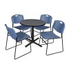 Regency TB30RNDGY44BE Cain 30" Round Breakroom Table in Grey & 4 Zeng Stack Chairs in Blue