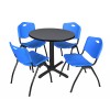 Regency TB30RNDGY47BE Cain 30" Round Breakroom Table in Grey & 4 'M' Stack Chairs in Blue