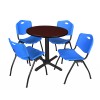 Regency TB30RNDMH47BE Cain 30" Round Breakroom Table in Mahogany & 4 'M' Stack Chairs in Blue