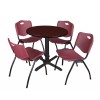 Regency TB30RNDMH47BY Cain 30" Round Breakroom Table in Mahogany & 4 'M' Stack Chairs in Burgundy