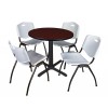 Regency TB30RNDMH47GY Cain 30" Round Breakroom Table in Mahogany & 4 'M' Stack Chairs in Grey