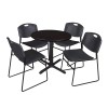 Regency TB30RNDMW44BK Cain 30" Round Breakroom Table in Mocha Walnut & 4 Zeng Stack Chairs in Black