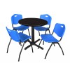 Regency TB30RNDMW47BE Cain 30" Round Breakroom Table in Mocha Walnut & 4 'M' Stack Chairs in Blue
