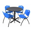 Regency TB42RNDGY47BE Cain 42" Round Breakroom Table in Grey & 4 'M' Stack Chairs in Blue