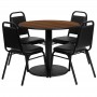 Flash Furniture 36'' Round Walnut Laminate Table Set with 4 Black Trapezoidal Back Banquet Chairs RSRB1004-GG