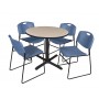 Regency TB36RNDBE44BE Cain 36" Round Breakroom Table in Beige & 4 Zeng Stack Chairs in Blue