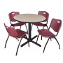 Regency TB36RNDBE47BY Cain 36" Round Breakroom Table in Beige & 4 'M' Stack Chairs in Burgundy