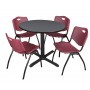 Regency TB42RNDGY47BY Cain 42" Round Breakroom Table in Grey & 4 'M' Stack Chairs in Burgundy