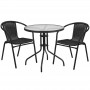 Flash Furniture TLH-087RD-037BK2-GG 28" Round Glass Metal Table with Black Rattan Edging and 2 Black Rattan Stack Chairs