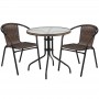 Flash Furniture TLH-087RD-037BN2-GG 28" Round Glass Metal Table with Dark Brown Rattan Edging and 2 Dark Brown Rattan Stack Chairs